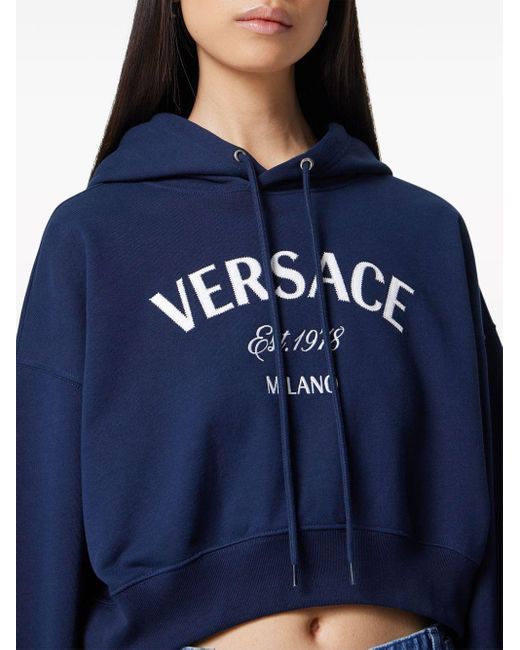 Versace Blue Logo-embroidered Drawstring Cropped Hoodie