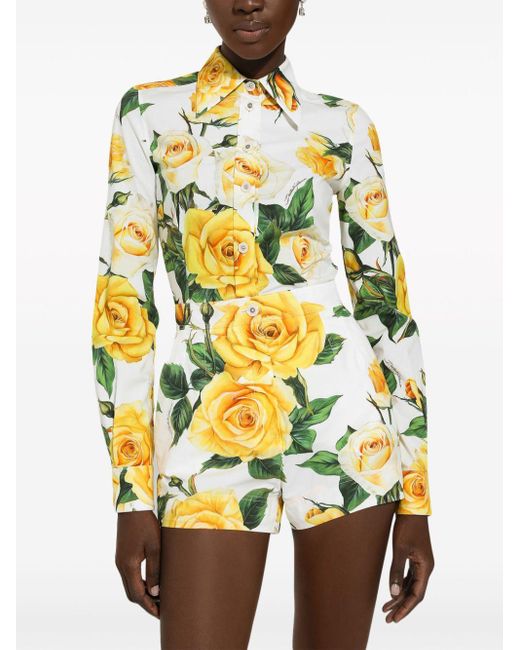 Long-sleeved cotton shirt with yellow rose print Dolce & Gabbana
