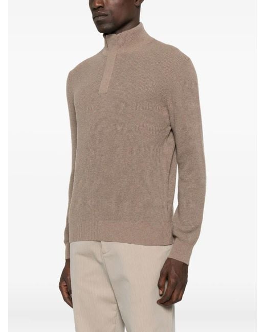 Canali Brown High-Neck Half-Zip Sweater for men