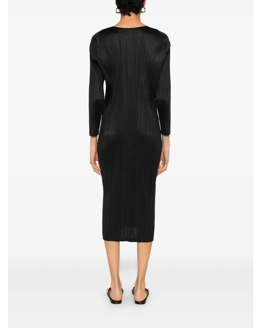Pleats Please Issey Miyake Black Plissé-Effect Long-Sleeve Midi Dress