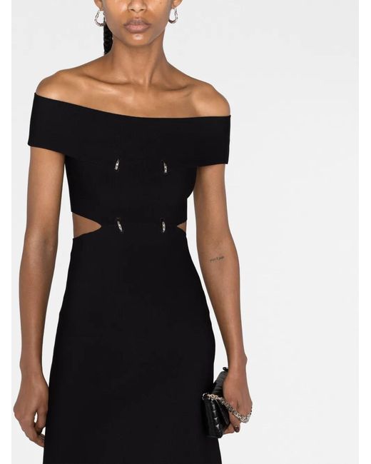McQueen Black Off-Shoulder Flared Midi Dress