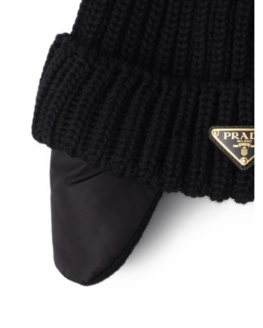 Prada Black Triangle-Logo Knitted Beanie Hat