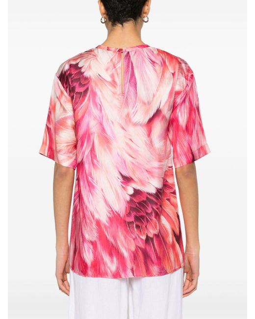 Roberto Cavalli Pink Seiden-T-Shirt mit Gefieder-Print