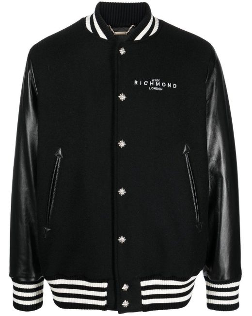 John Richmond Wool Striped-trim Logo Baseball Jacket in Black for Men ...