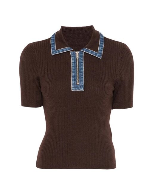 Sandro Brown Ribbed-Knit Polo Top