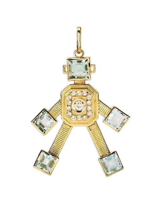 Van Robot Metallic Pendentif Mini Piccolo Robot Serti De Diamants Et D'Aigue-Marine
