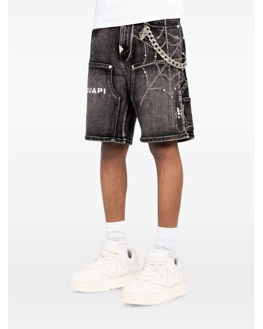 GUAPI Gray Spiderweb-Motif Rhinestone-Embellished Shorts for men