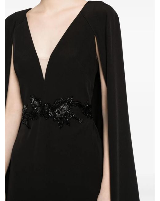 Marchesa Black Floral-Appliqué Cape Gown