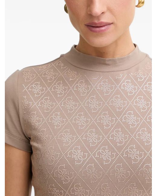 Guess White Rhinestone-Logo Mock-Neck T-Shirt
