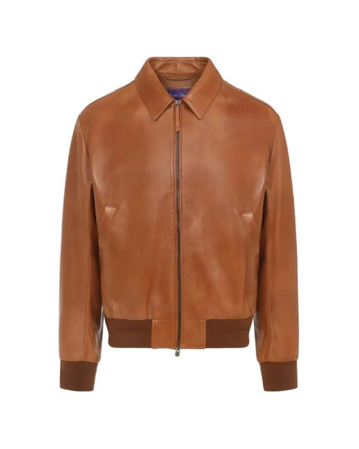 Ralph Lauren Brown Ribbed Leather Bomber Jacket for men