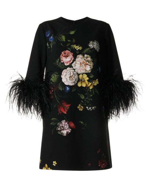 Elie Saab Black Feather-trim Floral Minidress