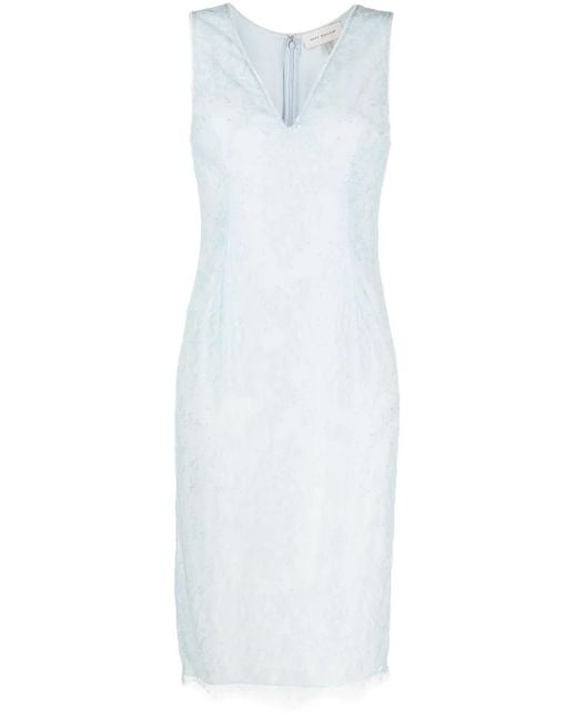 Gemy Maalouf White Chantilly Lace V-Neck Midi Dress