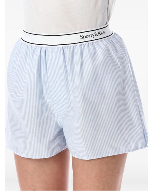 Sporty & Rich Blue Serif Logo Boxers Stripe-Pattern Shorts
