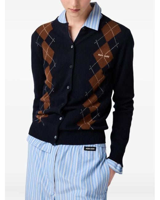 Miu Miu Blue Argyle Intarsia-Knit Cardigan