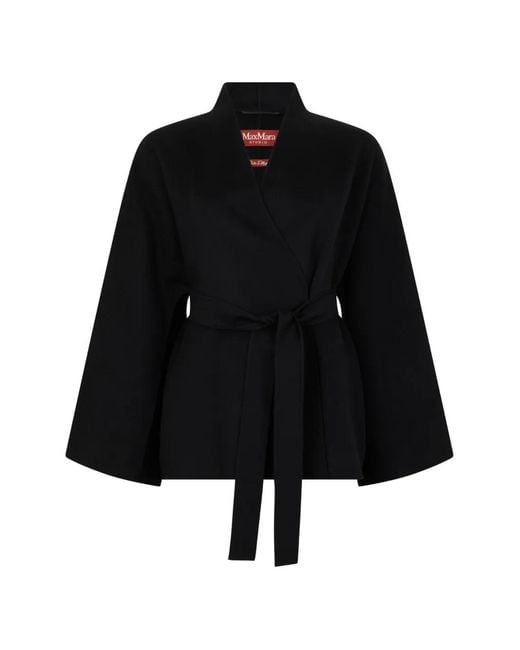 Max Mara Black Belted Wide-Sleeve Coat