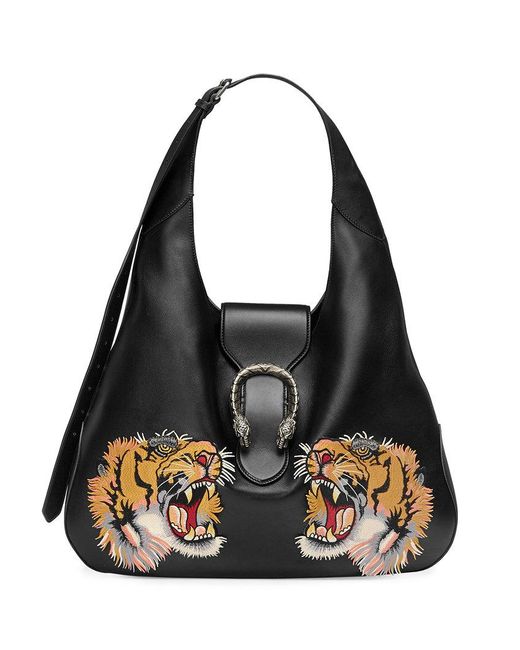Gucci Black Dionysus Embroidered Leather Hobo Bag