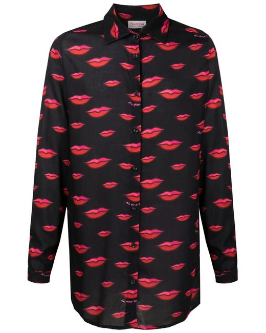 Amir Slama Blue Lips-Motif Button-Up Shirt