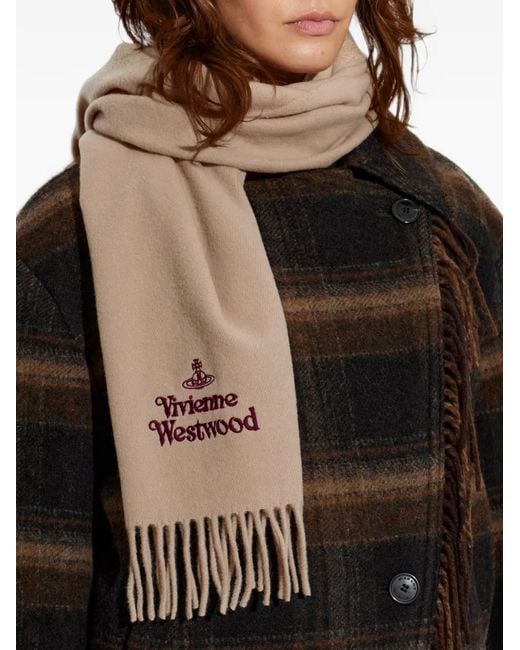 Vivienne Westwood Natural Logo-Embroidered Fringed Scarf