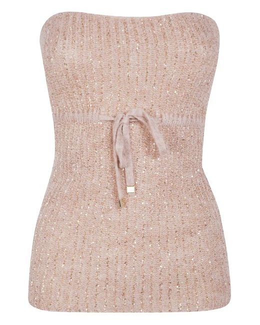 D.exterior Pink Sequin-Embellished Drawstring Knitted Top