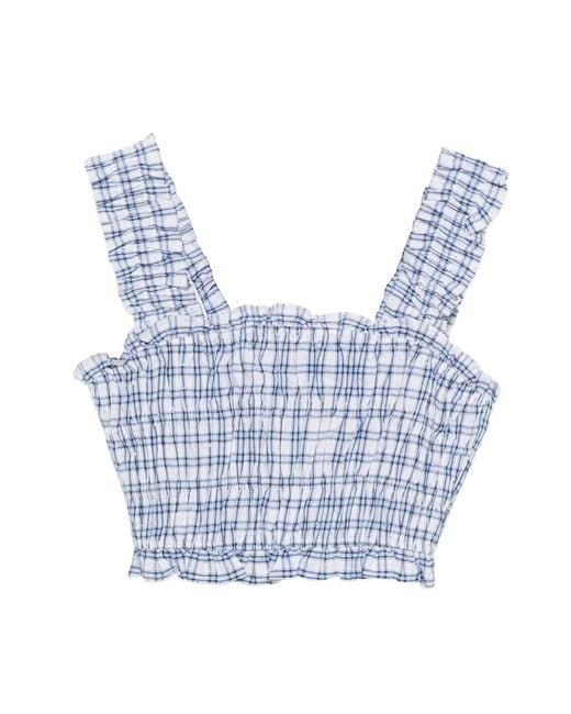 Maje Blue Check-Pattern Ruffled Top