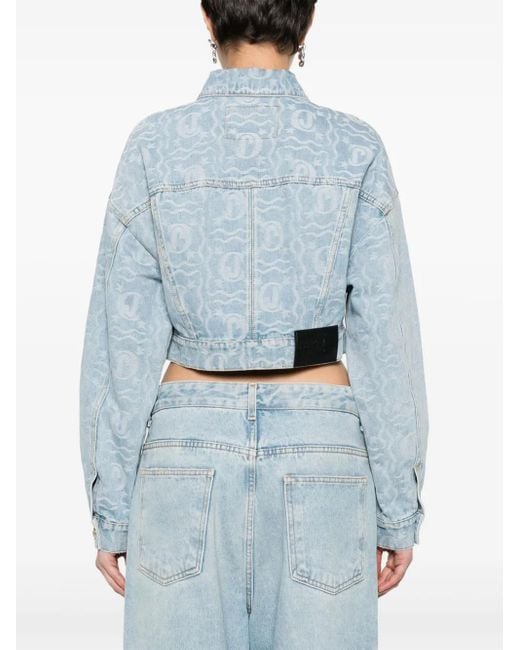Just Cavalli Blue Logo-Jacquard Cropped Denim Jacket