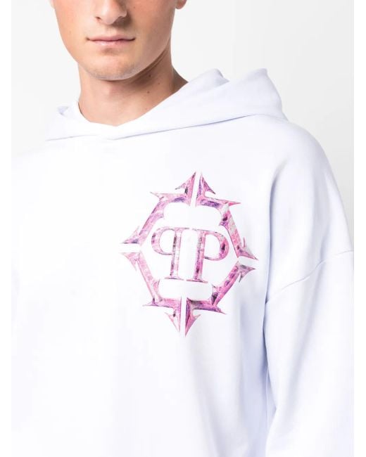 Philipp Plein White Chrome Logo-Print Cotton Hoodie for men