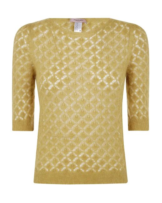 Twinset Yellow Open-Knit Short-Sleeve Sweater