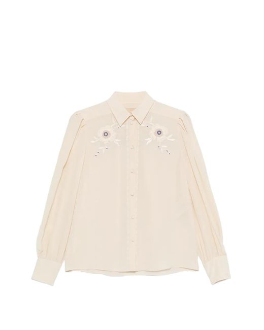Valentino Garavani Natural Blouse À Fleurs Brodées Et Manches À Plis