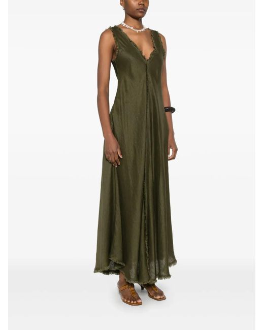 P.A.R.O.S.H. Green Fern Linen Maxi Dress With Deep V-Neck
