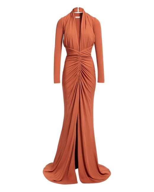 Elie Saab Red Criss-Cross Long-Sleeve Maxi Dress