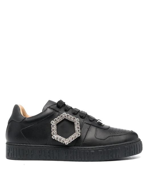 Philipp Plein Black Crystal-Detailed Leather Sneakers