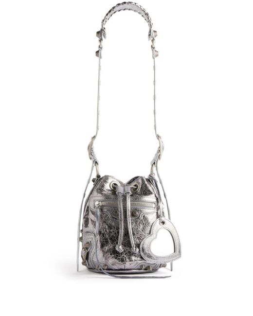 Balenciaga White Mini Le Cagole Metallic-effect Bucket Bag