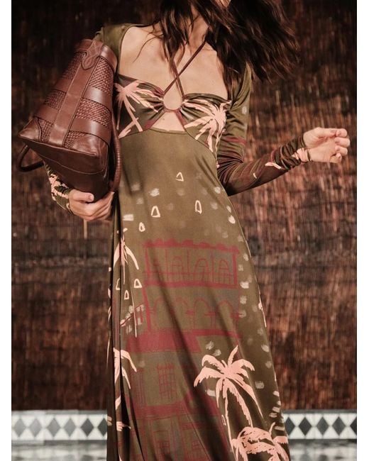 Johanna Ortiz Green Eternal Tropical Print Long Sleeve Jersey Dress