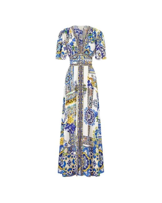 Camilla Blue Shaped-Waistband Flutter-Sleeve Dress
