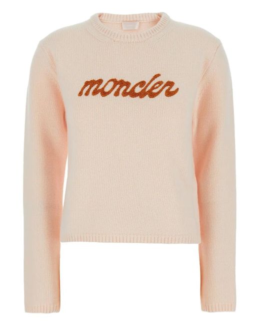 Moncler White Knit Crewneck Sweater With Logo Lettering Embroidery On The Front