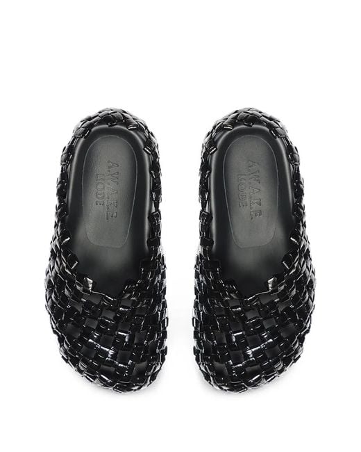 A.W.A.K.E. MODE Black Woven Leather Mules