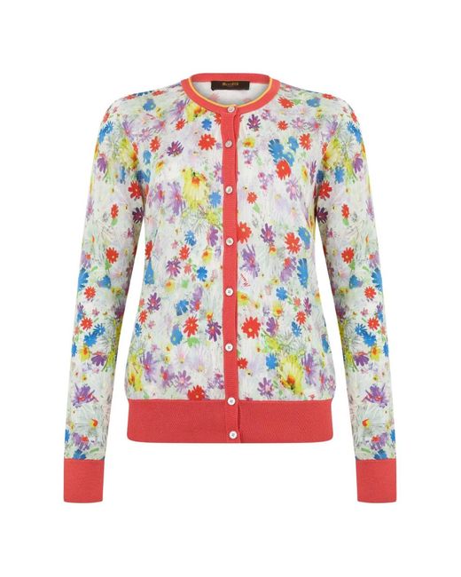 Moorer Red Floral-Print Button-Up Cardigan