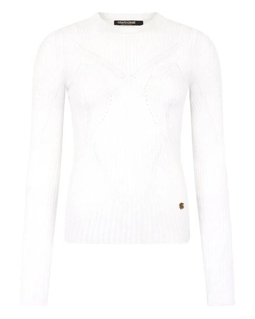 Roberto Cavalli White Openwork Rib-Knit Sweater