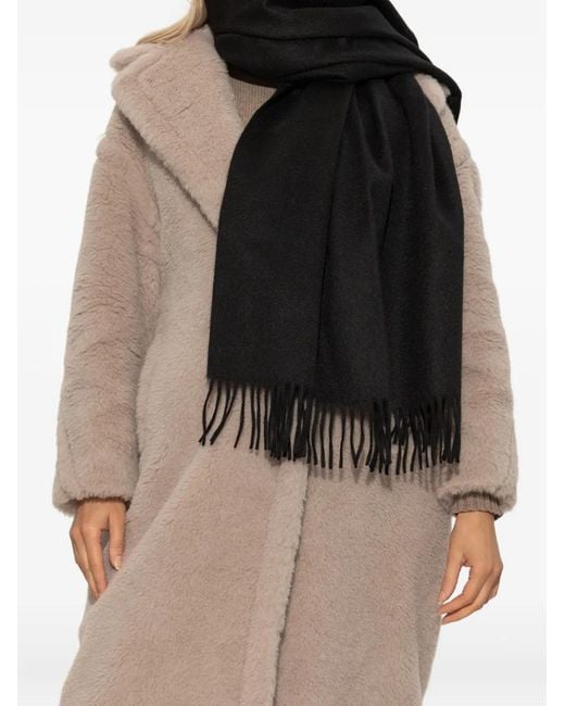 Max Mara Black Embroidered-Logo Fringed Wool Scarf