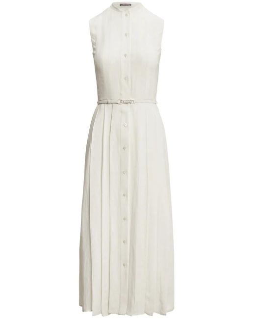 Ralph Lauren White Pleated Belted Midi Dress