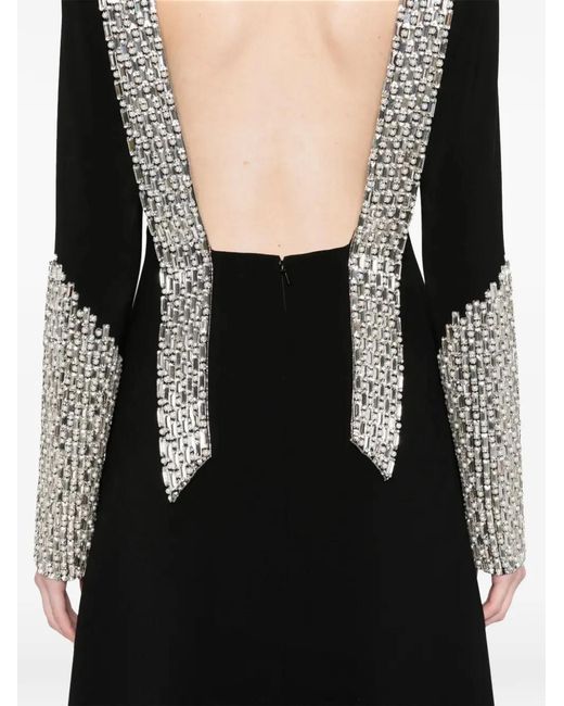Dina Melwani Black Crystal-Embellished Open-Back Gown
