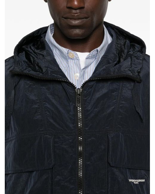 Emporio Armani Black Hooded Crinkled-Texture Jacket for men