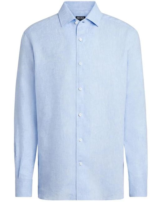 Zegna Blue Long-Sleeve Linen Shirt for men