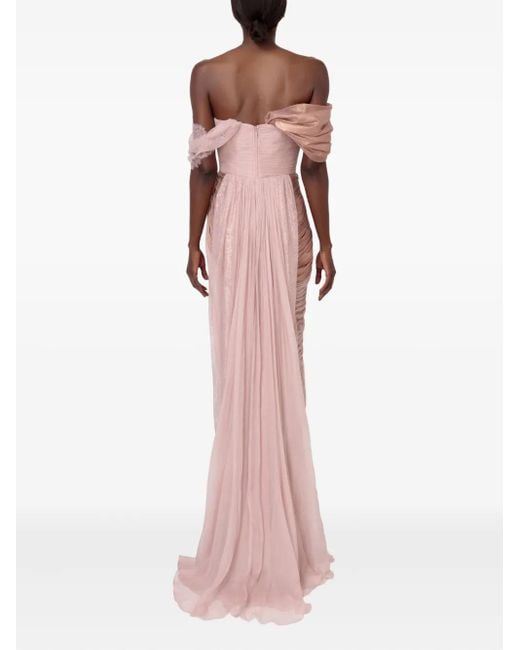 IRIS SERBAN Pink Spitzen-Maxikleid Im Metallic-Look Mit Falten