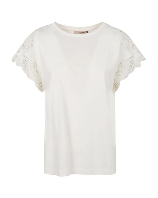 Twinset White Lace-Detail Short-Sleeve Top