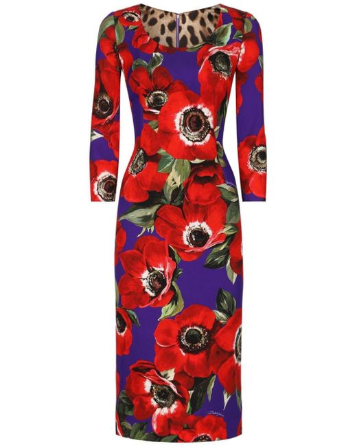 Dolce & Gabbana Midi-jurk Met Print En Ronde Hals in het Red