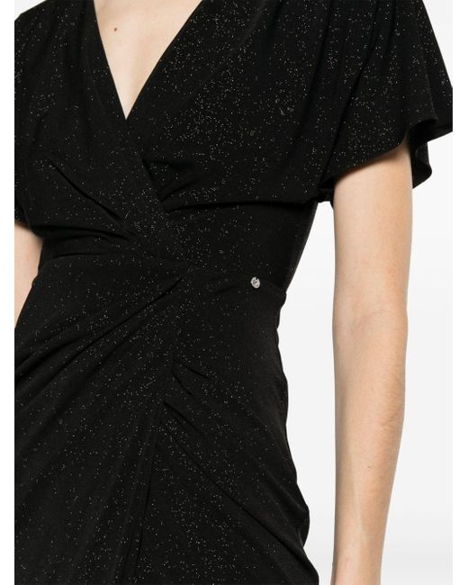 Nissa Black Draped Glitter-embellished Maxi Dress