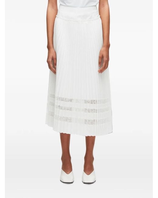 3.1 Phillip Lim White Pleated Lace-Insert Midi Skirt
