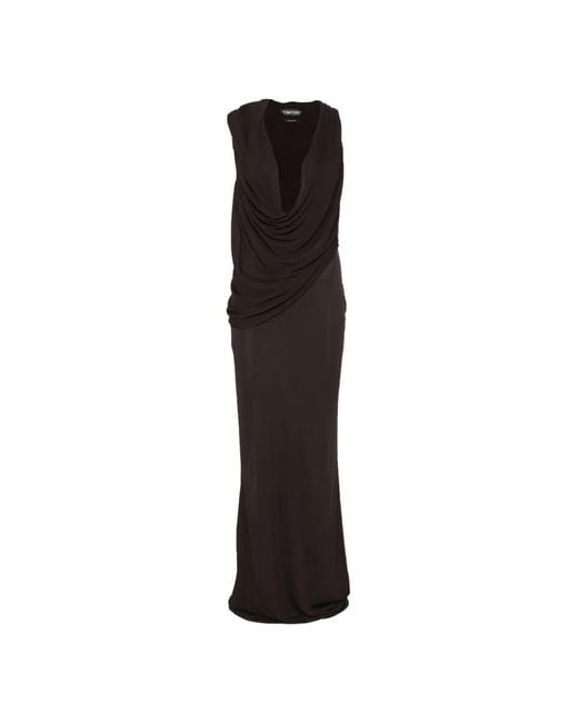 Tom Ford Black Long Coffee-Colored Viscose Jersey Crêpe Draped Evening Gown With Cowl Neckline