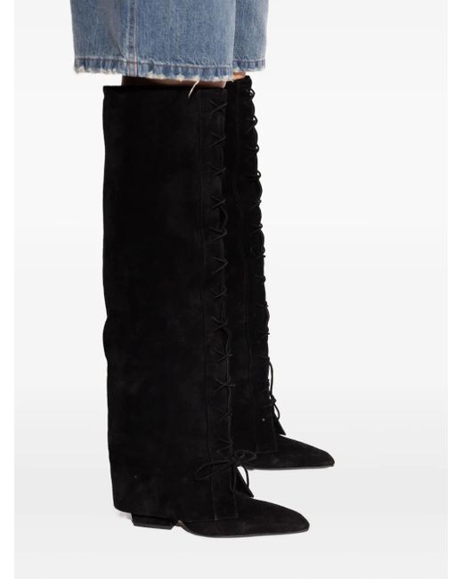 Paris Texas Black 100Mm Lace-Up Pointed Over-The-Knee Boots